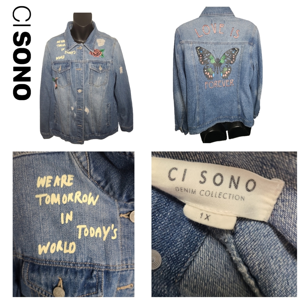 CI SONO DISTRESSED PAINTED/APPLIQUE JEAN JACKET